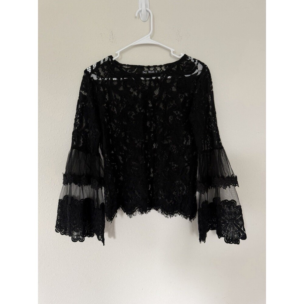Black Lace Bell Sleeve Ruffle Top Medium Witchy Whimsigoth Dark Fairy Grunge